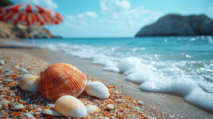 Seashells and a Striped Umbrella by the Shore