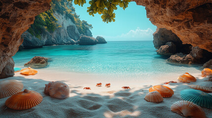 A Hidden Cove with Seashells and Beach Umbrellas