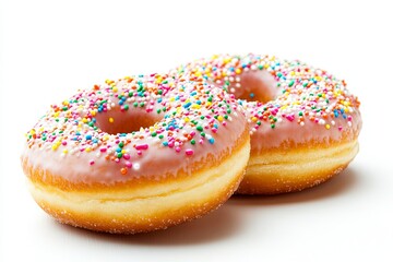 Glazed Donuts with Colorful Sprinkles on White Background