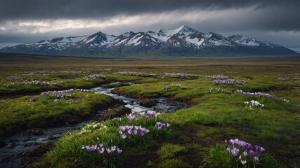 Fototapeta na wymiar A serene landscape featuring snow-capped mountains, a flowing stream, and blooming flowers under a moody sky.