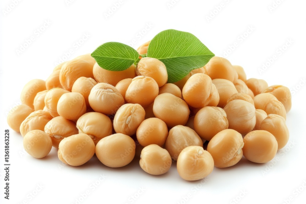Poster fresh chickpeas displayed with green leaves on a clean white background showcasing their natural tex