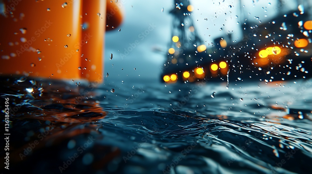 Poster a close-up view of water droplets splashing on the surface, with an industrial backdrop featuring li