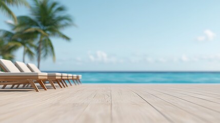 Fototapeta premium A serene beach scene featuring wooden lounge chairs, palm trees, and a bright blue ocean under a clear sky, perfect for relaxation.