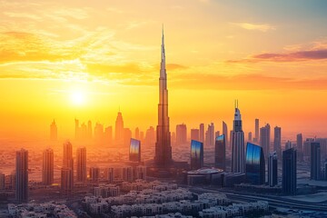 Obraz premium Aerial view of the Dubai city skyline at sunset with golden, orange and yellow sky