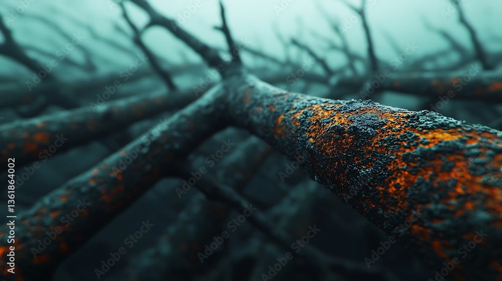 Poster a close-up view of dark, textured tree branches with a hint of rust, set against a moody, misty back