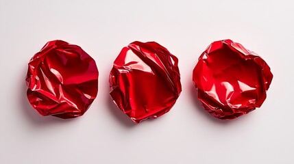 Set of three red glossy paper circles with creases, blank round sticker on white background