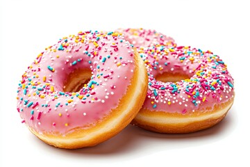 Glazed Donuts with Colorful Sprinkles on White Background
