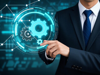 Automation of business or robotic process RPA technology. Transfer of data between application. 
Businessman touching gears icon on network connection.