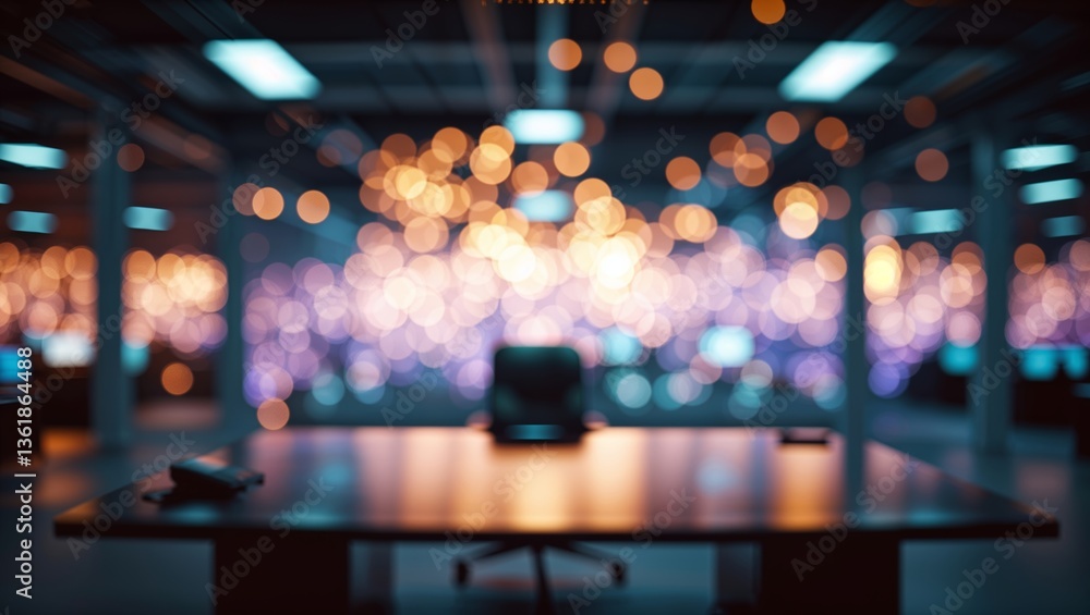 Poster office setting with blurred background lights during evening hours, creating a dynamic and vibrant a