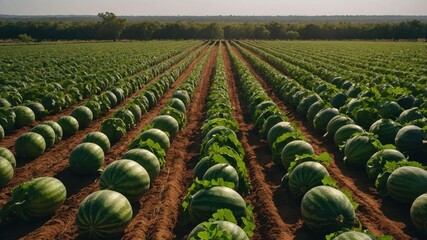 Fototapeta premium A vast field of watermelons growing in neat rows under a clear sky.