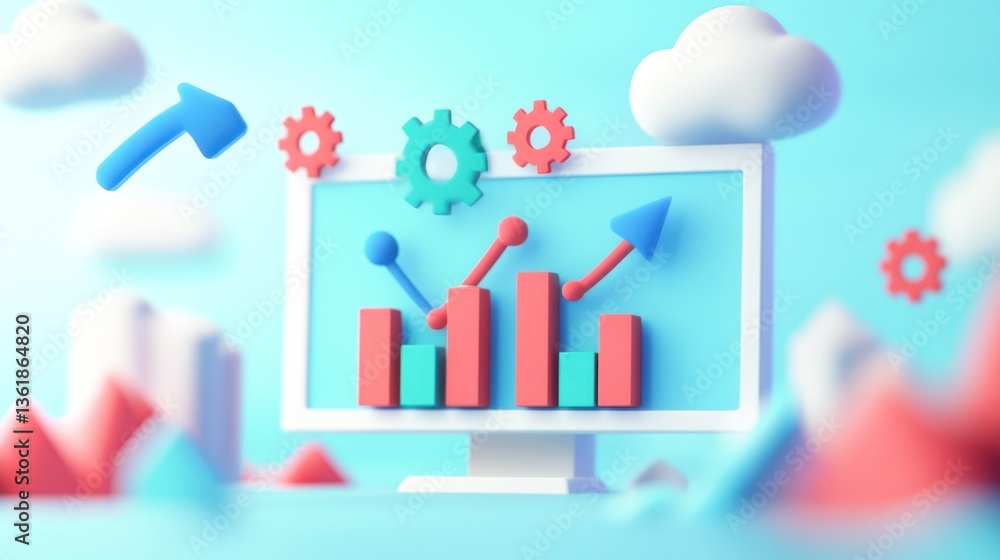 Poster abstract 3d graphic monitor with growing bar graph, progress, cloud computing