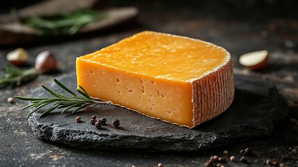 a wedge of mimolette cheese showcasing its vibrant orange color,firm texture this french cheese is known for its nutty slightly sweet flavor perfect for gourmet platters,dishes