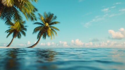 Fototapeta premium A serene tropical scene featuring palm trees beside calm waters under a clear blue sky, evoking a sense of relaxation and tranquility.