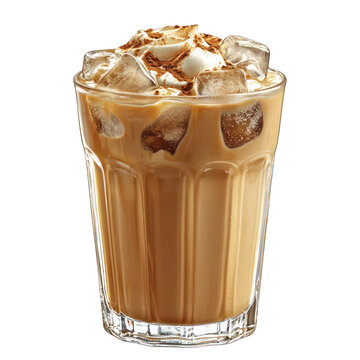 A glass of chilled iced coffee with cream and ice cubes, isolated on a white background.