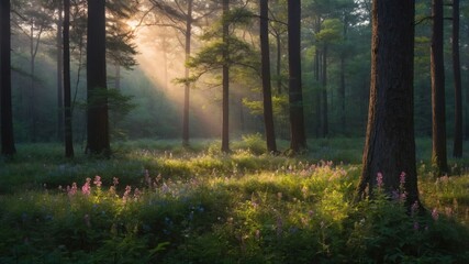 Fototapeta premium A serene forest scene with sunlight filtering through trees, illuminating colorful wildflowers.