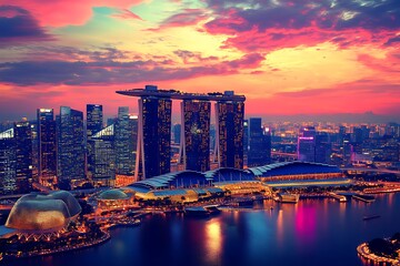 Fototapeta premium Singapore cityscape with colorful sunset reflecting on water at dusk for travel use