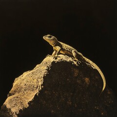 Fototapeta premium Golden Lizard on Rock - Majestic Reptile in Dramatic Lighting