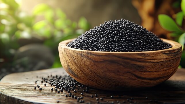 a wooden bowl filled with black cumin seeds sits on a wooden surface against a plain white background the seeds are small black,abundant showcasing their texture,color