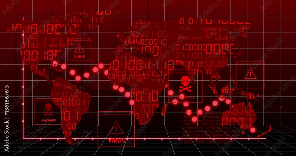 Poster virus and malware warnings in red grid overlay on digital world map animation