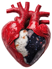 Red anatomical heart with galaxy and marble textures inside