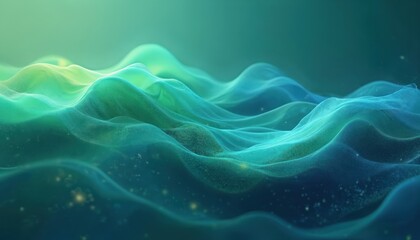 Abstract wave pattern background. Vibrant green, blue colors. Digital art featuring dynamic flow, curved lines creating modern design. Ideal eco-friendly wallpaper for modern tech, science,