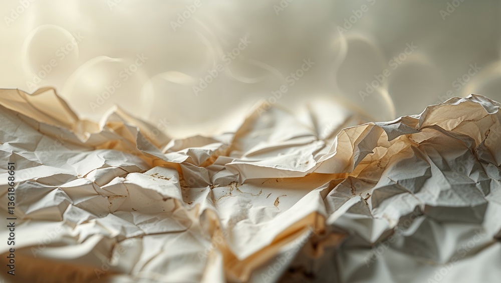 Poster crumpled paper texture creates an interesting abstract visual effect with soft lighting in the backg