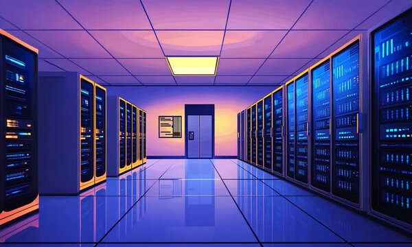 Futuristic server room with rows of glowing servers, sleek design, and vibrant lighting ambiance