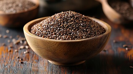 a wooden bowl filled with celery seeds on a wooden surface the seeds are small,brown showcasing their use as a spice,for their medicinal properties in various cuisines