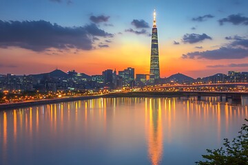 Sunset at Seoul skyline reflection, city view over river for travel and tourism use