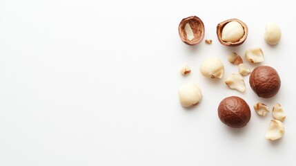 Obraz premium Macadamia Nuts Scattered on White Background