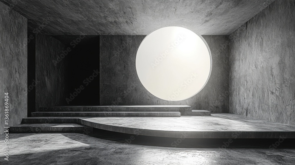 Poster abstract grayscale image of a minimalist concrete interior space with a large circular light source.