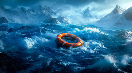 Obraz premium Desperate Ocean: A lifebuoy bobs on stormy seas near snowy peaks