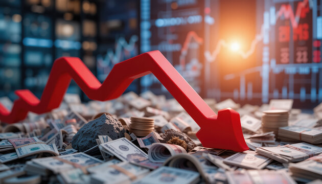 Financial crisis concept with red descending arrow. 