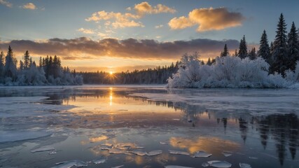 Fototapeta premium A serene winter landscape at sunset, reflecting icy waters and frosted trees under a colorful sky.
