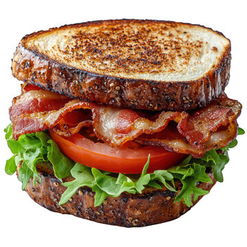 A gourmet BLT sandwich with crispy bacon, lettuce, and tomato, isolated on a white background.