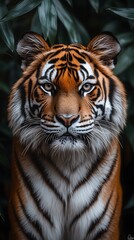 Fototapeta premium Majestic Tiger with Striking Stripes Amidst Lush Green Foliage