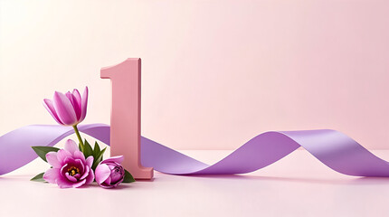 ,A stylish number 1 adorned with a flowing violet ribbon and elegant tulips, set against a soft, pastel-toned background. International Workers' Day (May 1)