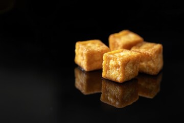 Crispy fried tofu cubes arranged on a reflective surface, with sharp reflections and a soft black backdrop
