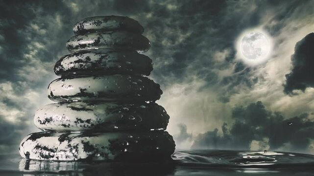 Water drops falling on the surface of the water next to a mountain of flat stones against the background of the night sky with clouds and a full moon. Composite 4k time lapse slow motion video 60 fps.