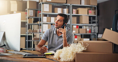 Logistics, phone call and warehouse with man in distribution depot for communication or update....