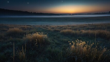 Obraz premium A serene dawn landscape with misty grass and a colorful sky at sunrise.