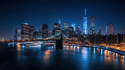 Obraz premium NYC Skyline at Night, Cityscape, Illuminated Bridges