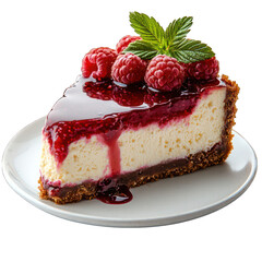 A luxurious slice of cheesecake topped with raspberry sauce, isolated on a white background.