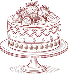 Vintage Coquette Cake with Strawberries Line Art Vector Illustration