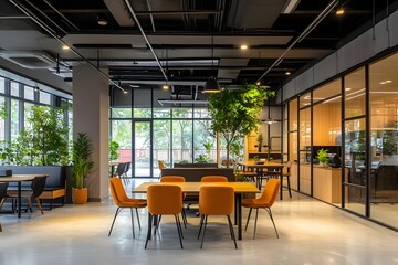Modern office interior with plants, bright lighting, and open spaces promoting collaboration and creativity