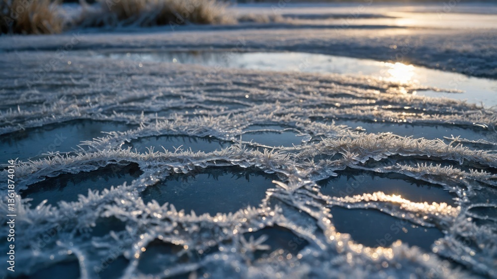 Aufkleber frosty patterns on a frozen surface reflect sunlight, creating a serene winter scene.