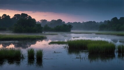 Obraz premium A serene wetland landscape at dawn, with mist rising over water and lush greenery.