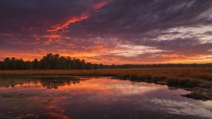 A serene sunset over a tranquil water body, reflecting vibrant colors and surrounding nature.