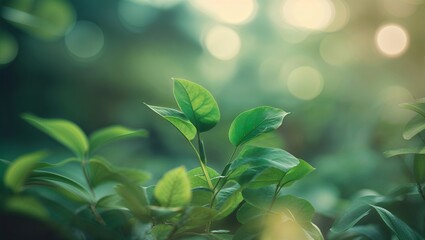 Obraz premium Fresh green leaves basking in soft sunlight during a tranquil afternoon in a lush forest setting