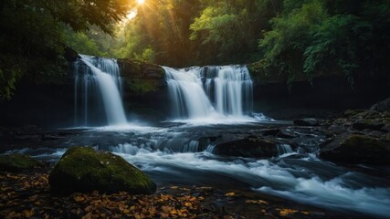 A serene waterfall cascades through lush greenery, creating a tranquil natural scene.